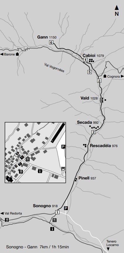 Cartina del sentiero etnografico Vegornèss, da Sonogno a Gann